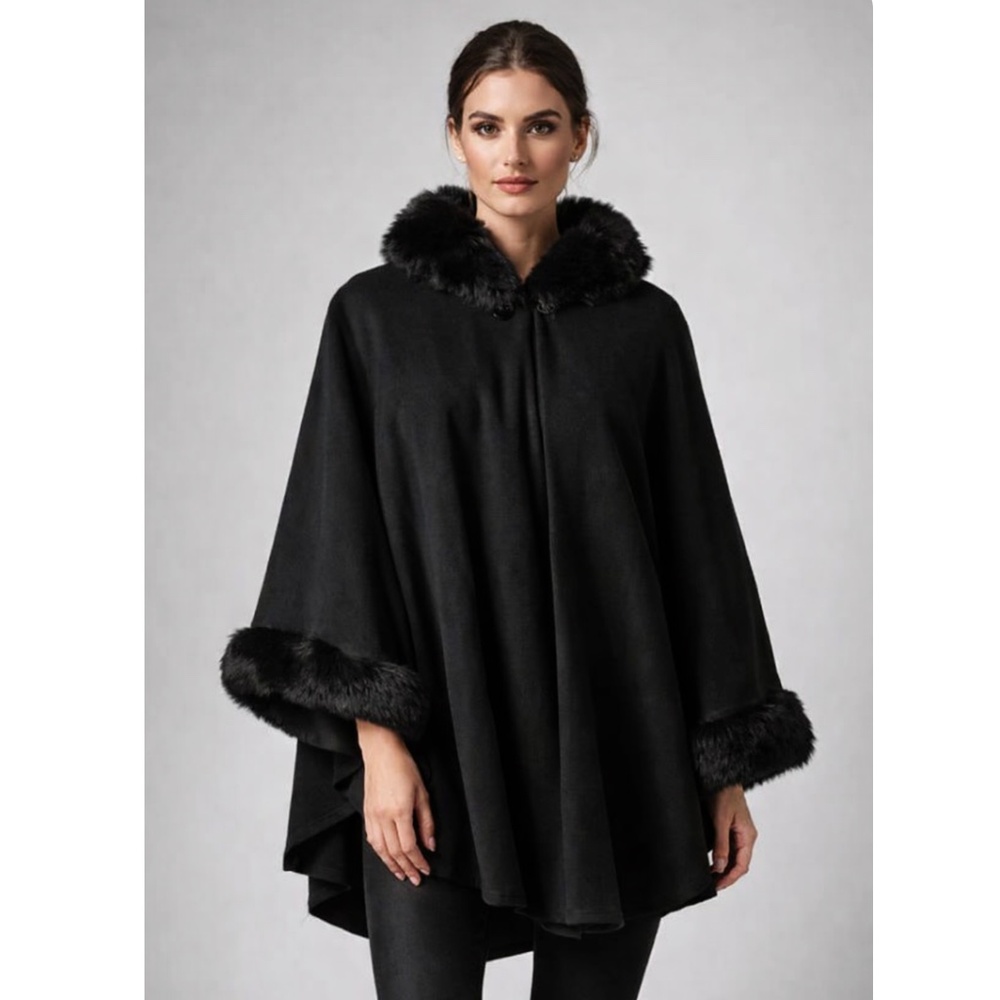 NWOT Parkhurst Black Faux Fur Hooded Cape